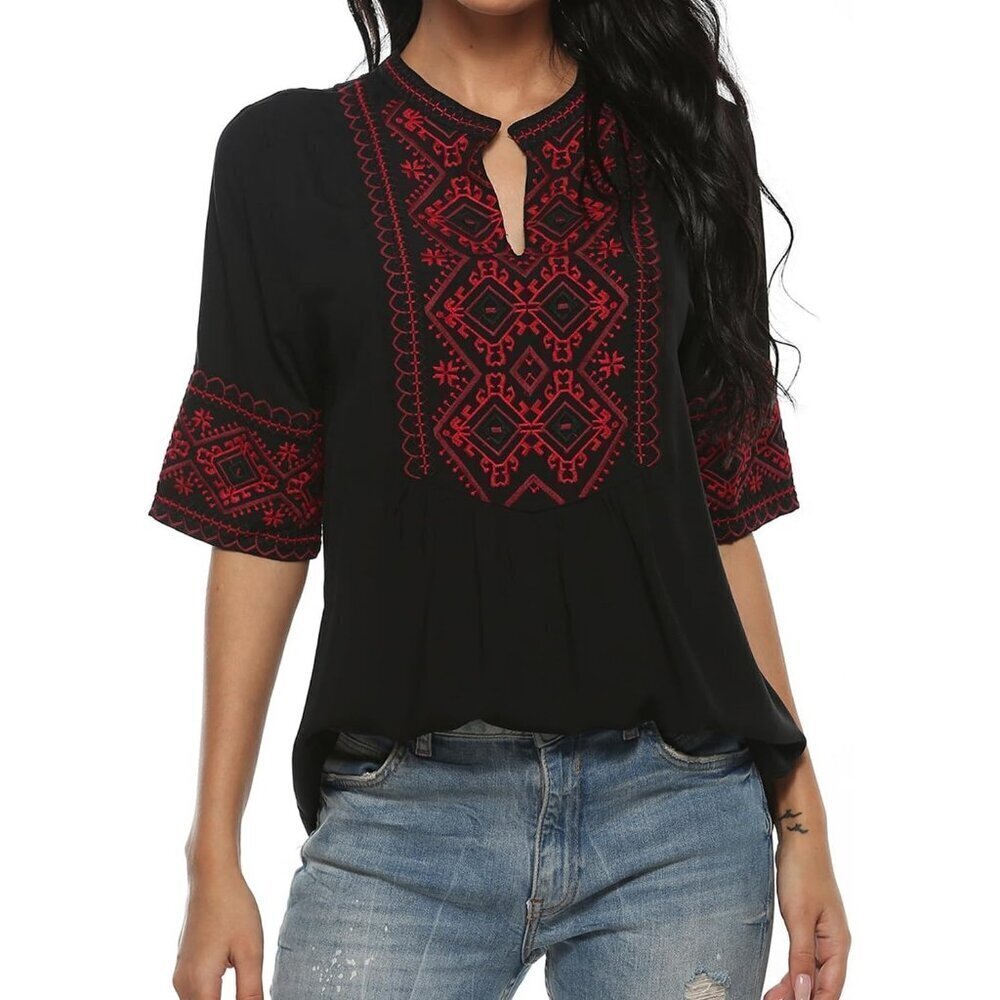 Women's V Neck Boho Embroidered Mexican Shirts Short Sleeve Casual Tops Blouse